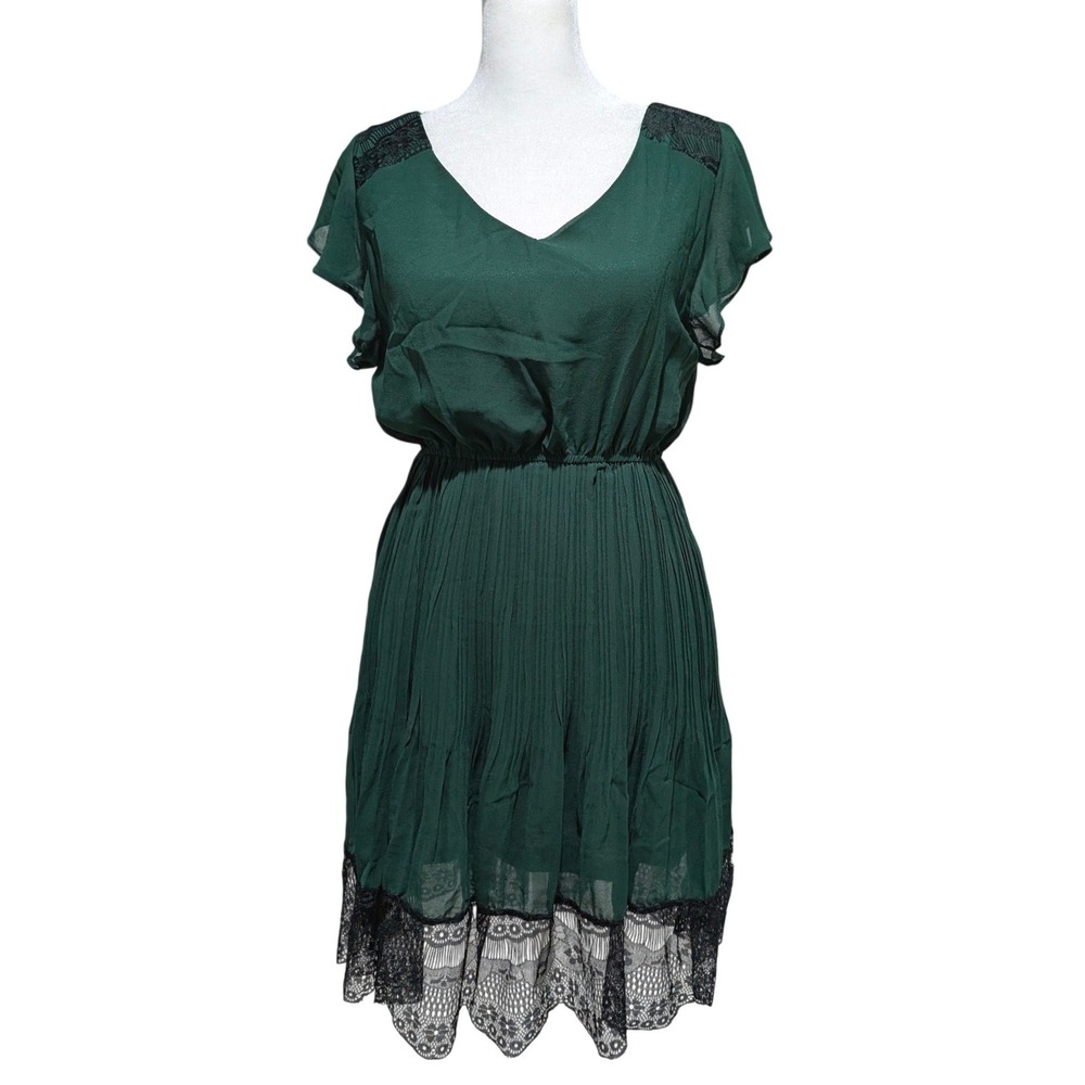 SM Wardrobe Dark Teal Green Lace Trim Pleated Mini Dress S / M Boho Romantic NWT